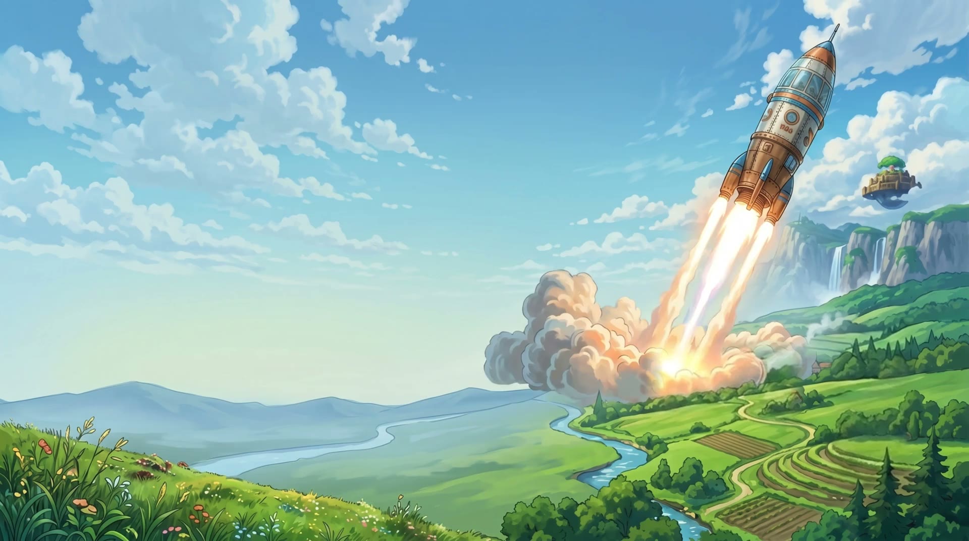 Retro rocket over a painted countryside